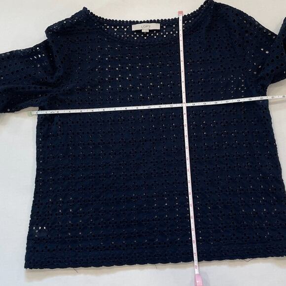 LOFT Cotton Navy Short Sleeve Eyelet Shirt/Top/Blouse with Pom Pom Trim, L - Picture 6 of 8